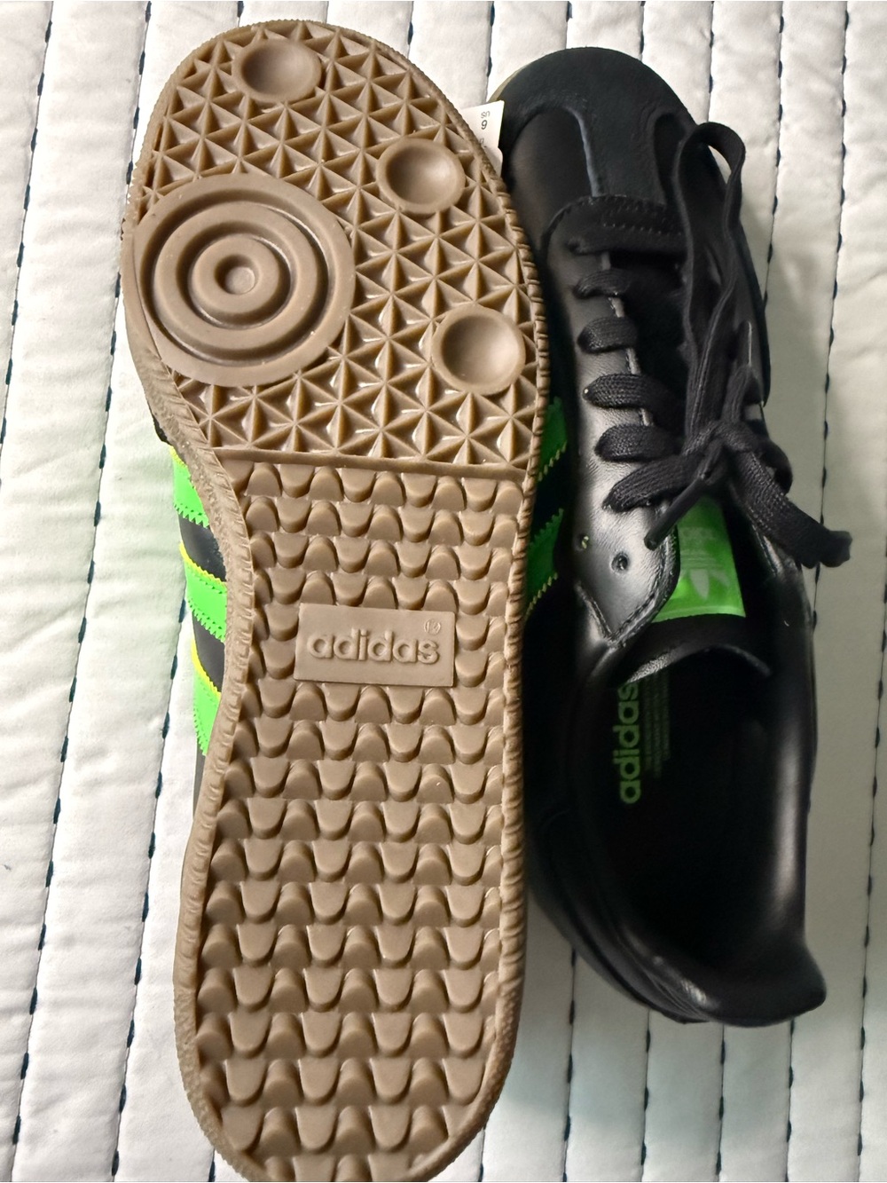 adidas Black Sneakers with Neon Green Stripes and Gum Sole